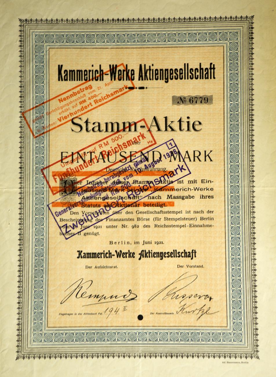 Stammaktie der Kammerich-Werke AG von 1921